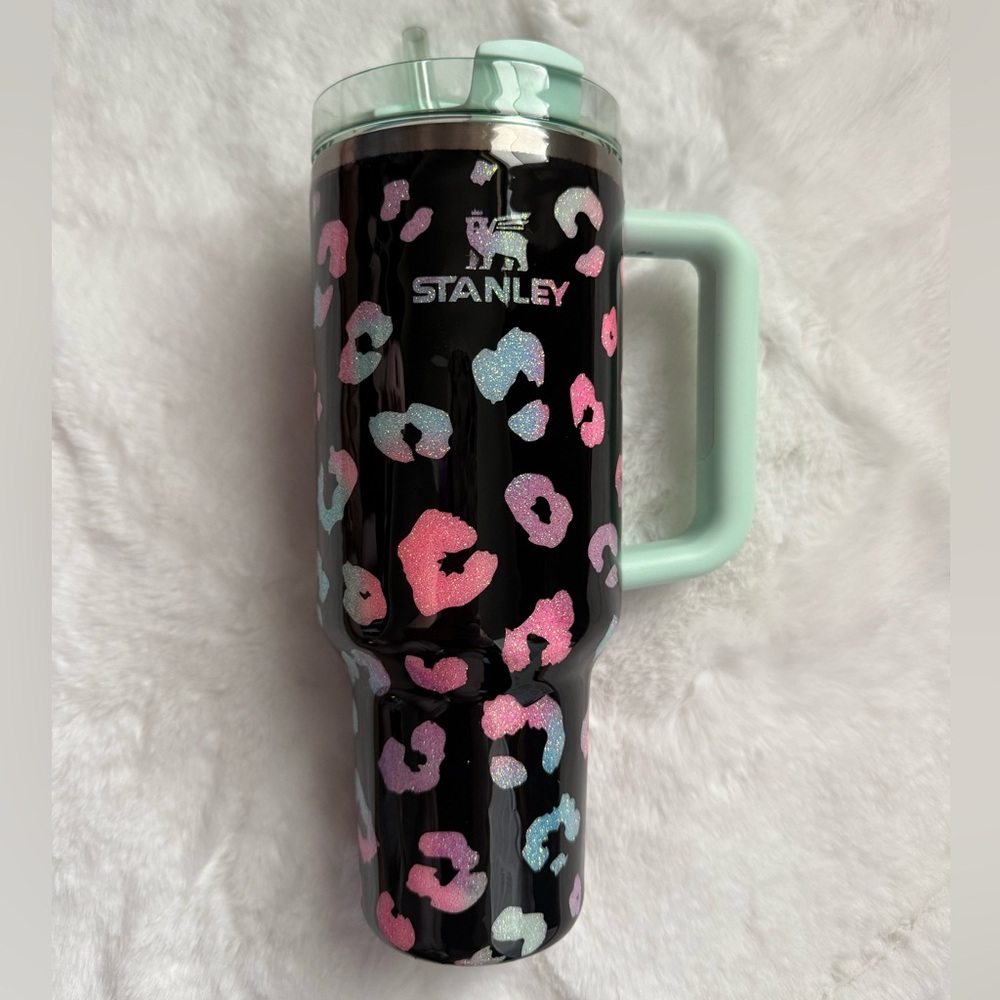 Custom Stanley Black Tumbler with Colorful Pastel Leopard Design 40 oz NWOT